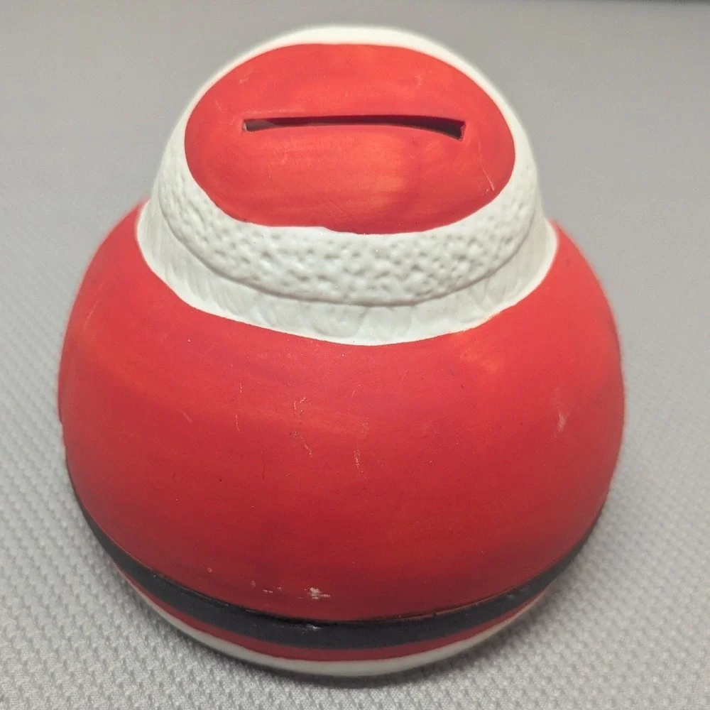 Vintage Ceramic Santa Claus Coin Bank Round Roly Poly Christmas Decor Red White